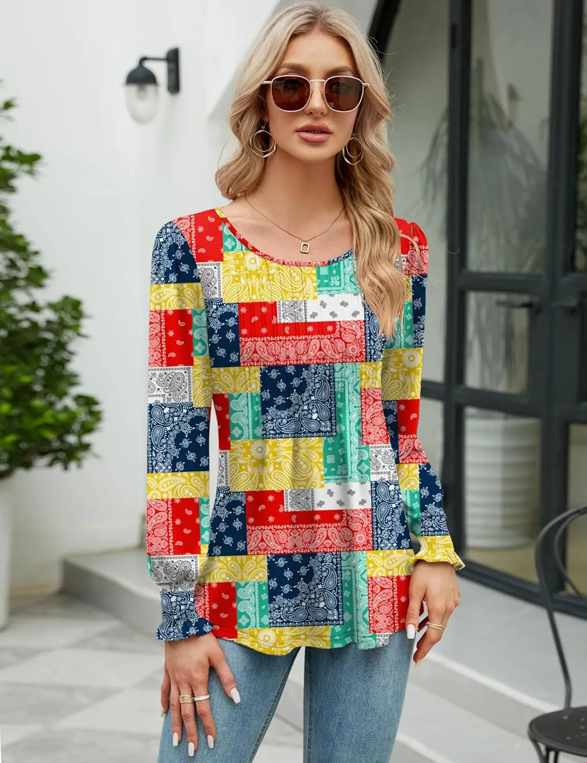 LOMON Women's Fall Puff Long/Short Sleeve Tunic Tops Pleated Crew Neck Shirts Blouses Casual Loose T-Shirts