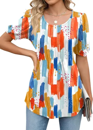 LOMON Women's Fall Puff Long/Short Sleeve Tunic Tops Pleated Crew Neck Shirts Blouses Casual Loose T-Shirts