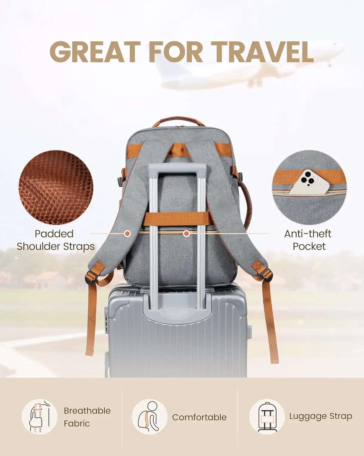 LOVEVOOK Travel Backpack for Women Men as Personal Item Flight Approved, 40L Luggage Carry On Backpack,17.3inch Large Daypack Laptop Backpack Waterproof Outdoor Sports with 3 Packing Cubes,Grey-Brown