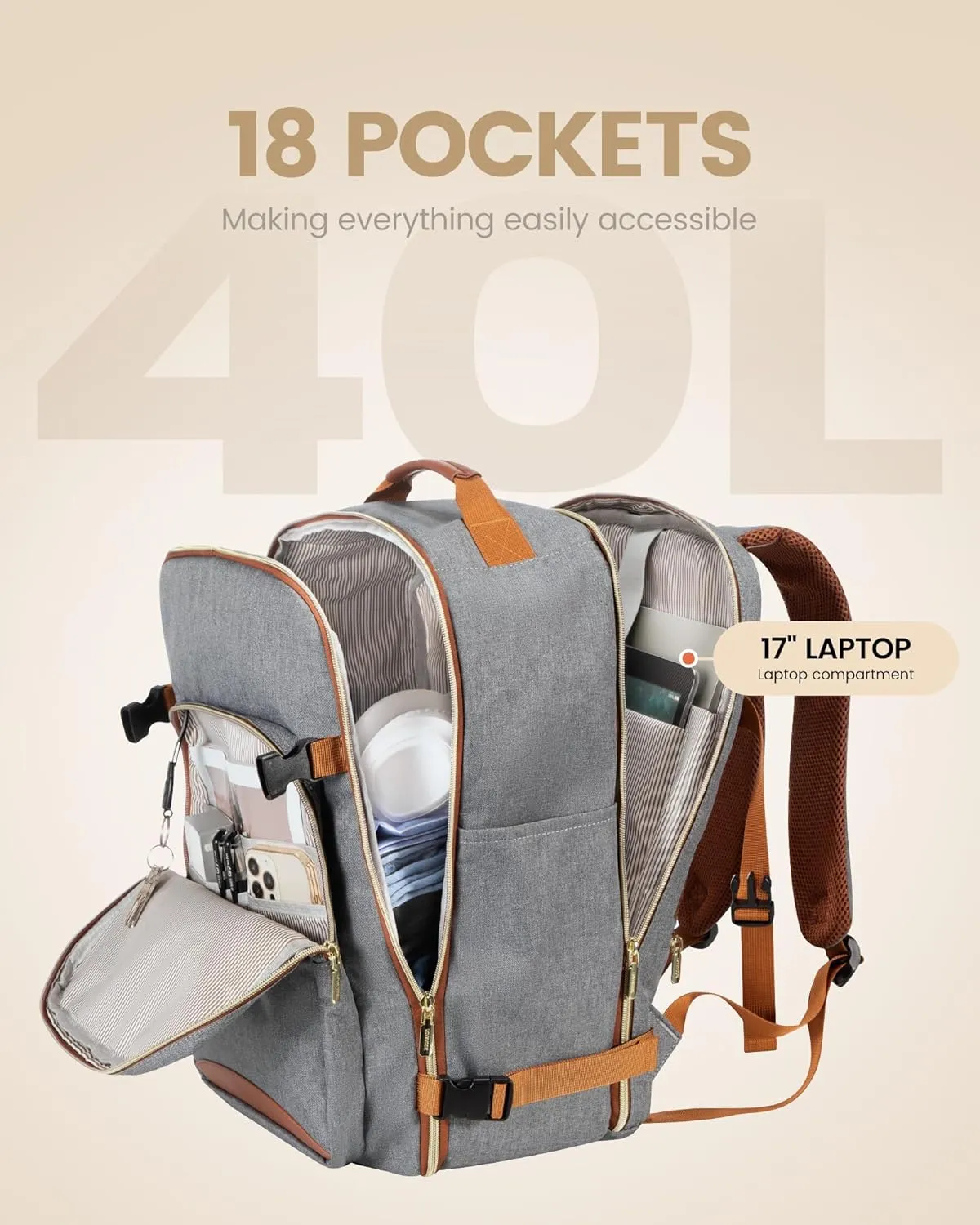 LOVEVOOK Travel Backpack for Women Men as Personal Item Flight Approved, 40L Luggage Carry On Backpack,17.3inch Large Daypack Laptop Backpack Waterproof Outdoor Sports with 3 Packing Cubes,Grey-Brown