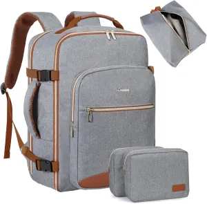 LOVEVOOK Travel Backpack for Women Men as Personal Item Flight Approved, 40L Luggage Carry On Backpack,17.3inch Large Daypack Laptop Backpack Waterproof Outdoor Sports with 3 Packing Cubes,Grey-Brown