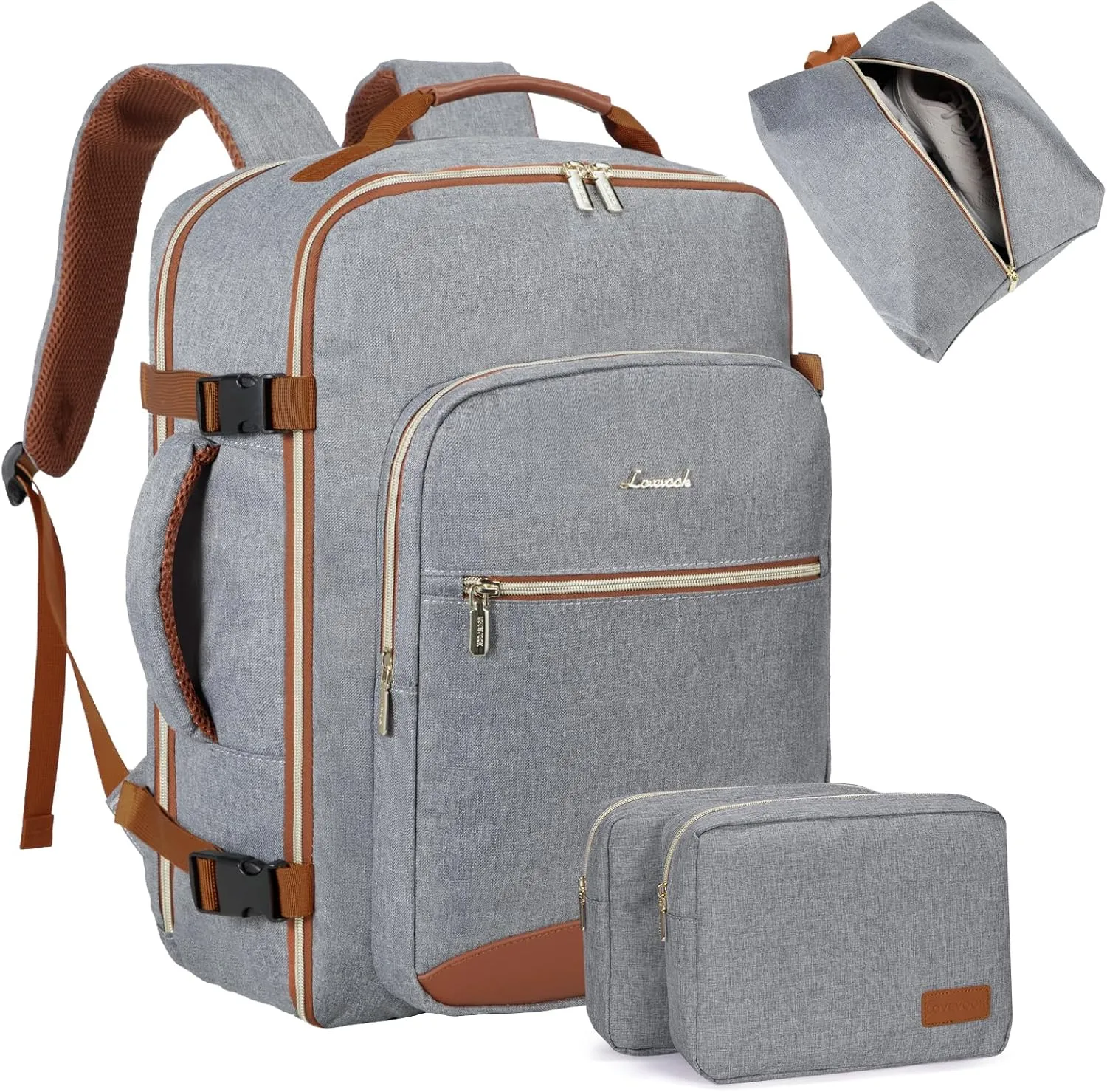 LOVEVOOK Travel Backpack for Women Men as Personal Item Flight Approved, 40L Luggage Carry On Backpack,17.3inch Large Daypack Laptop Backpack Waterproof Outdoor Sports with 3 Packing Cubes,Grey-Brown