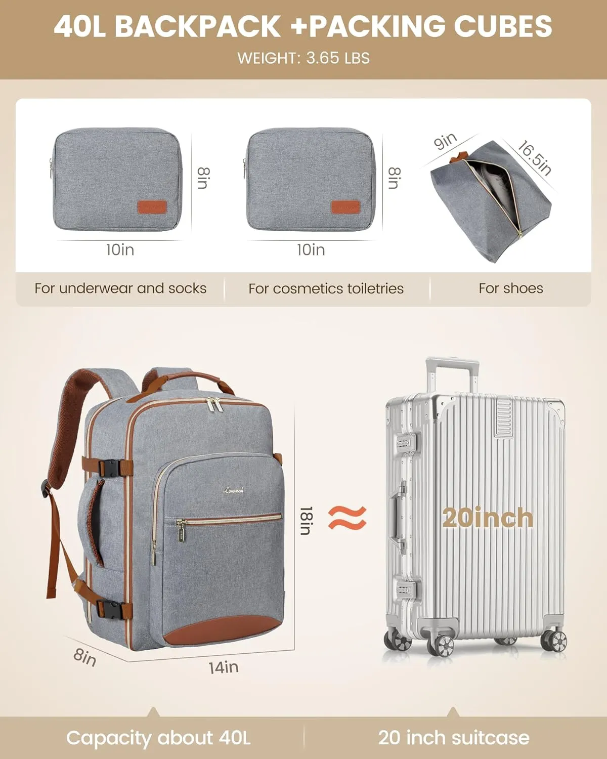 LOVEVOOK Travel Backpack for Women Men as Personal Item Flight Approved, 40L Luggage Carry On Backpack,17.3inch Large Daypack Laptop Backpack Waterproof Outdoor Sports with 3 Packing Cubes,Grey-Brown