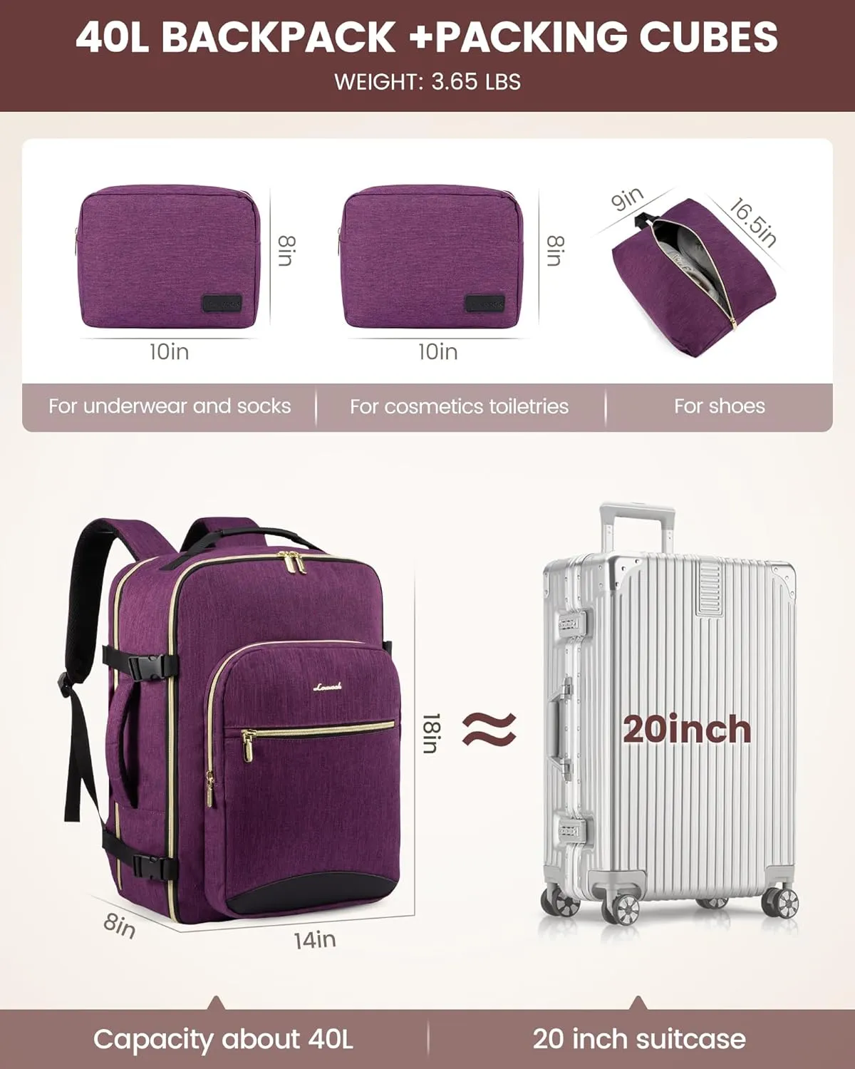 LOVEVOOK Travel Backpack for Women Men as Personal Item Flight Approved, 40L Luggage Carry On Backpack,17.3inch Large Laptop Backpack Waterproof Outdoor Sports with 3 Packing Cubes,Dark purple-Black-1