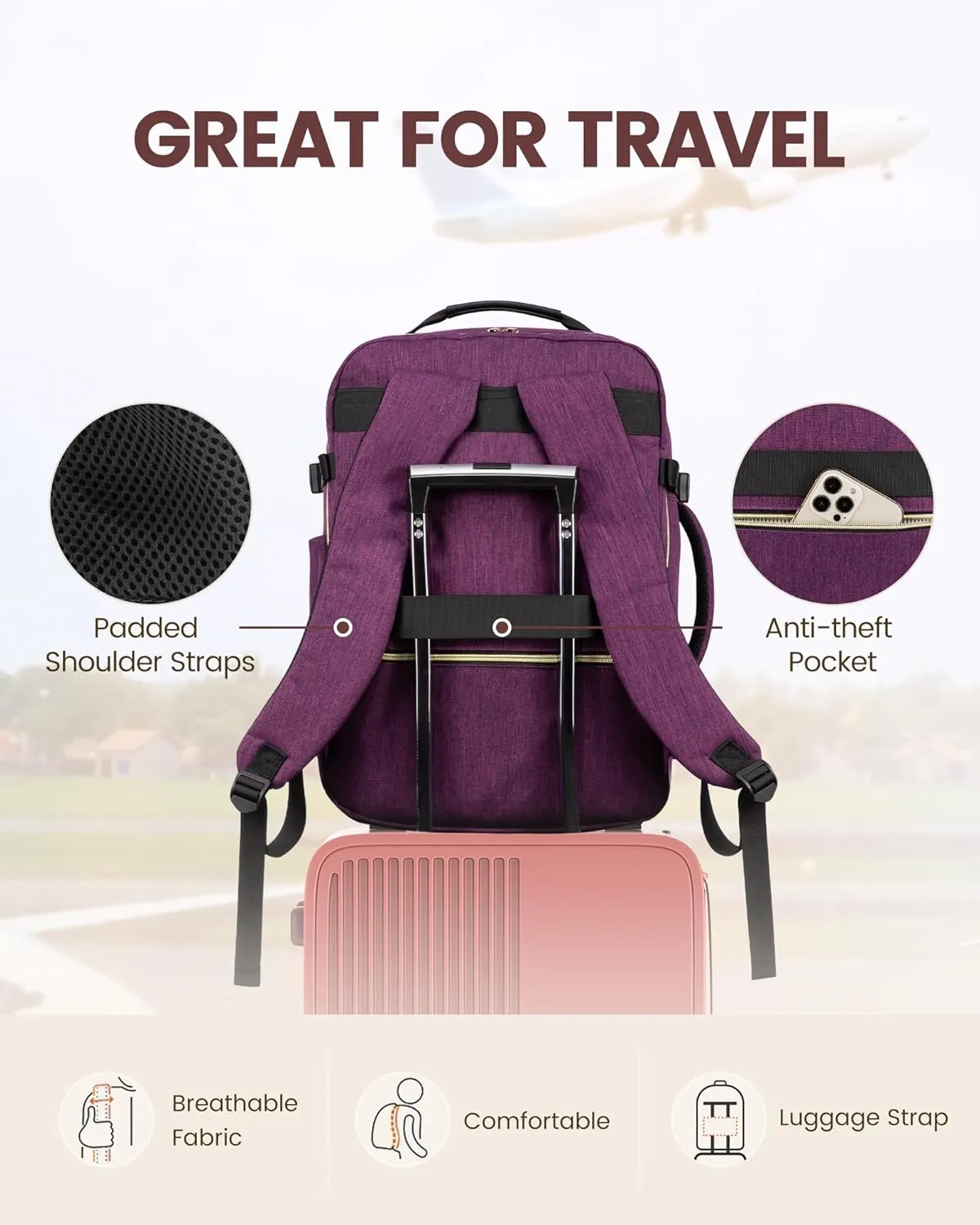 LOVEVOOK Travel Backpack for Women Men as Personal Item Flight Approved, 40L Luggage Carry On Backpack,17.3inch Large Laptop Backpack Waterproof Outdoor Sports with 3 Packing Cubes,Dark purple-Black-1