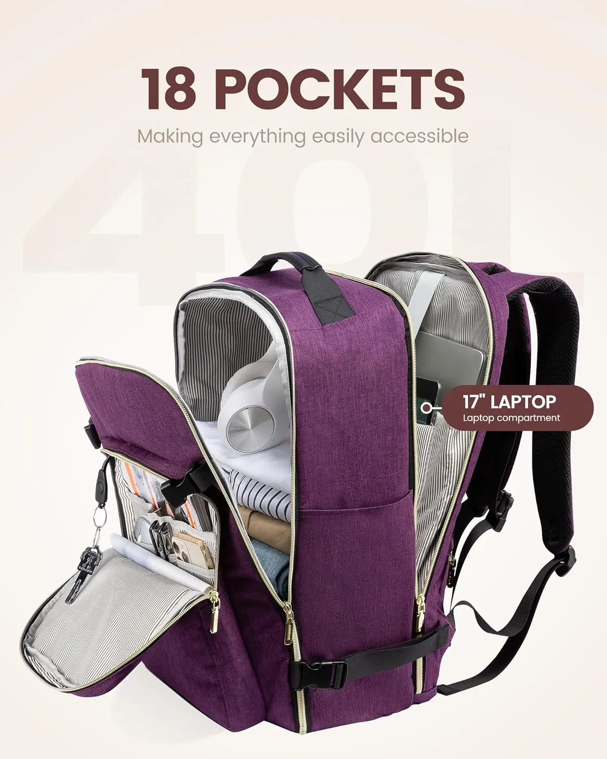 LOVEVOOK Travel Backpack for Women Men as Personal Item Flight Approved, 40L Luggage Carry On Backpack,17.3inch Large Laptop Backpack Waterproof Outdoor Sports with 3 Packing Cubes,Dark purple-Black-1