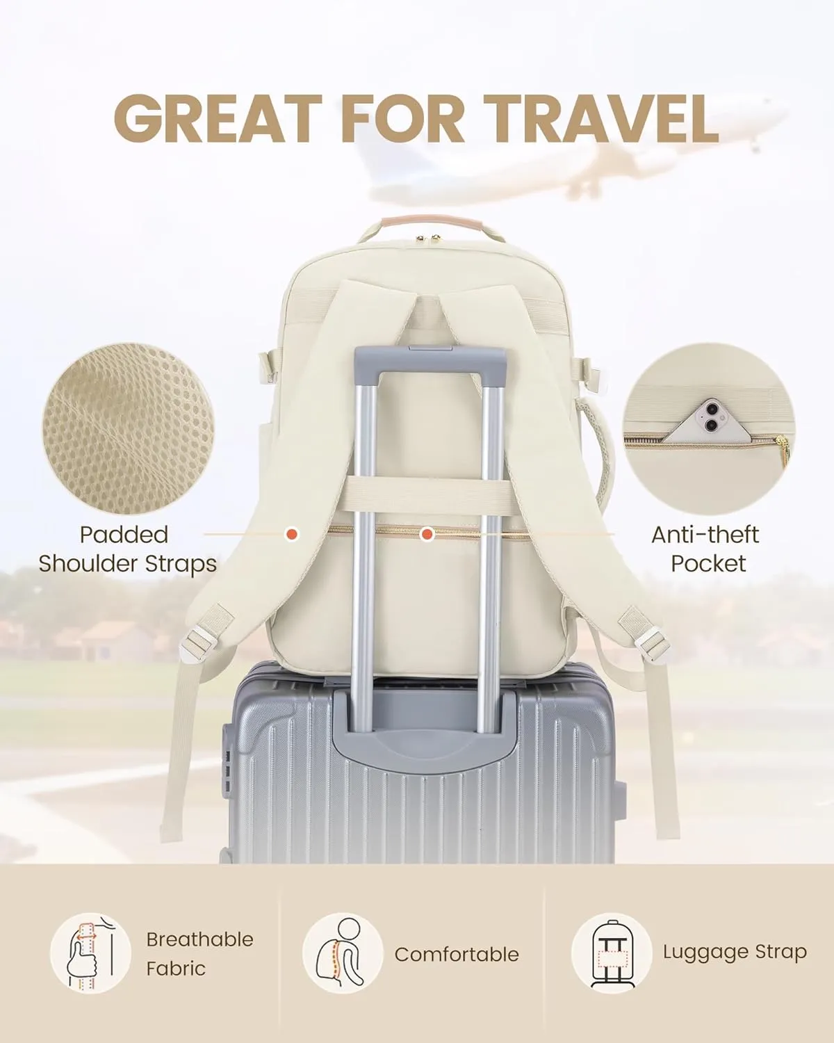 LOVEVOOK Travel Backpack for Women Men as Personal Item Flight Approved, 50L Luggage Carry On Backpack,18.4 inch Large Laptop Backpack Waterproof Outdoor Sports with 3 Packing Cubes,Beige-Flesh beige