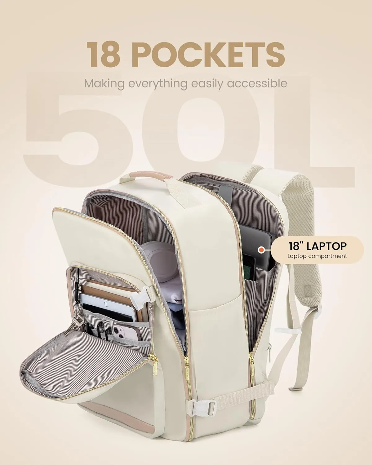 LOVEVOOK Travel Backpack for Women Men as Personal Item Flight Approved, 50L Luggage Carry On Backpack,18.4 inch Large Laptop Backpack Waterproof Outdoor Sports with 3 Packing Cubes,Beige-Flesh beige
