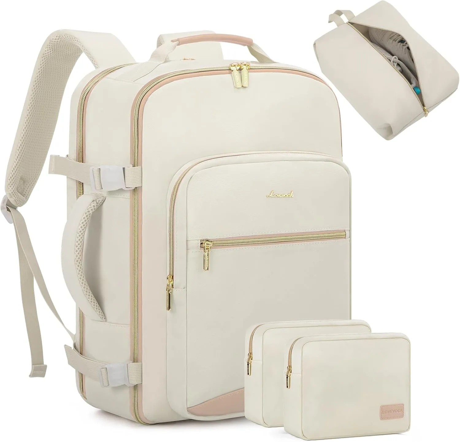 LOVEVOOK Travel Backpack for Women Men as Personal Item Flight Approved, 50L Luggage Carry On Backpack,18.4 inch Large Laptop Backpack Waterproof Outdoor Sports with 3 Packing Cubes,Beige-Flesh beige