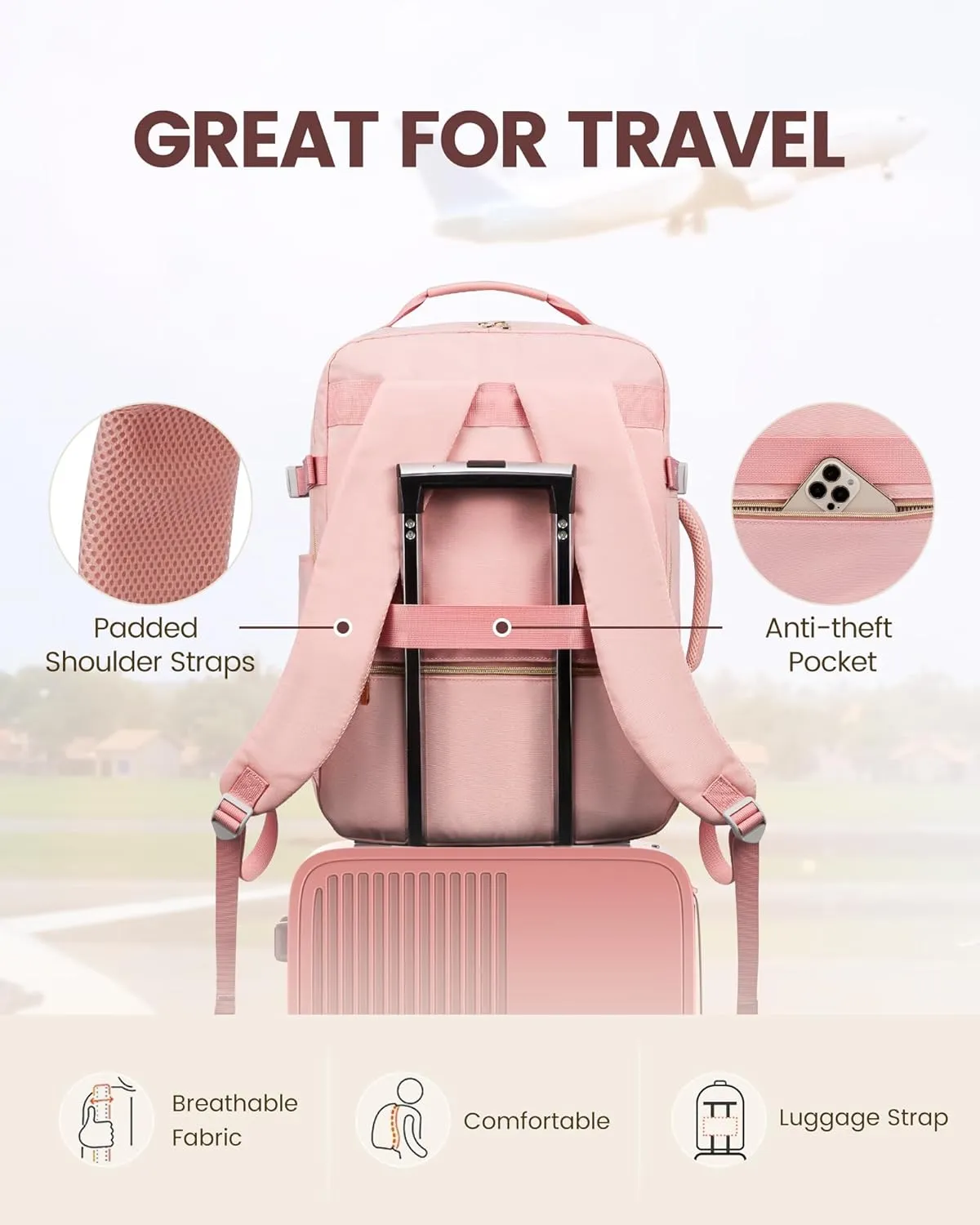 LOVEVOOK Travel Backpack Women as Personal Item Flight Approved, 17.3inch Laptop Backpack with 3 Packing Cubes College Casual Carry On Daypack for Weekender Overnight Hiking, Pink-Pink