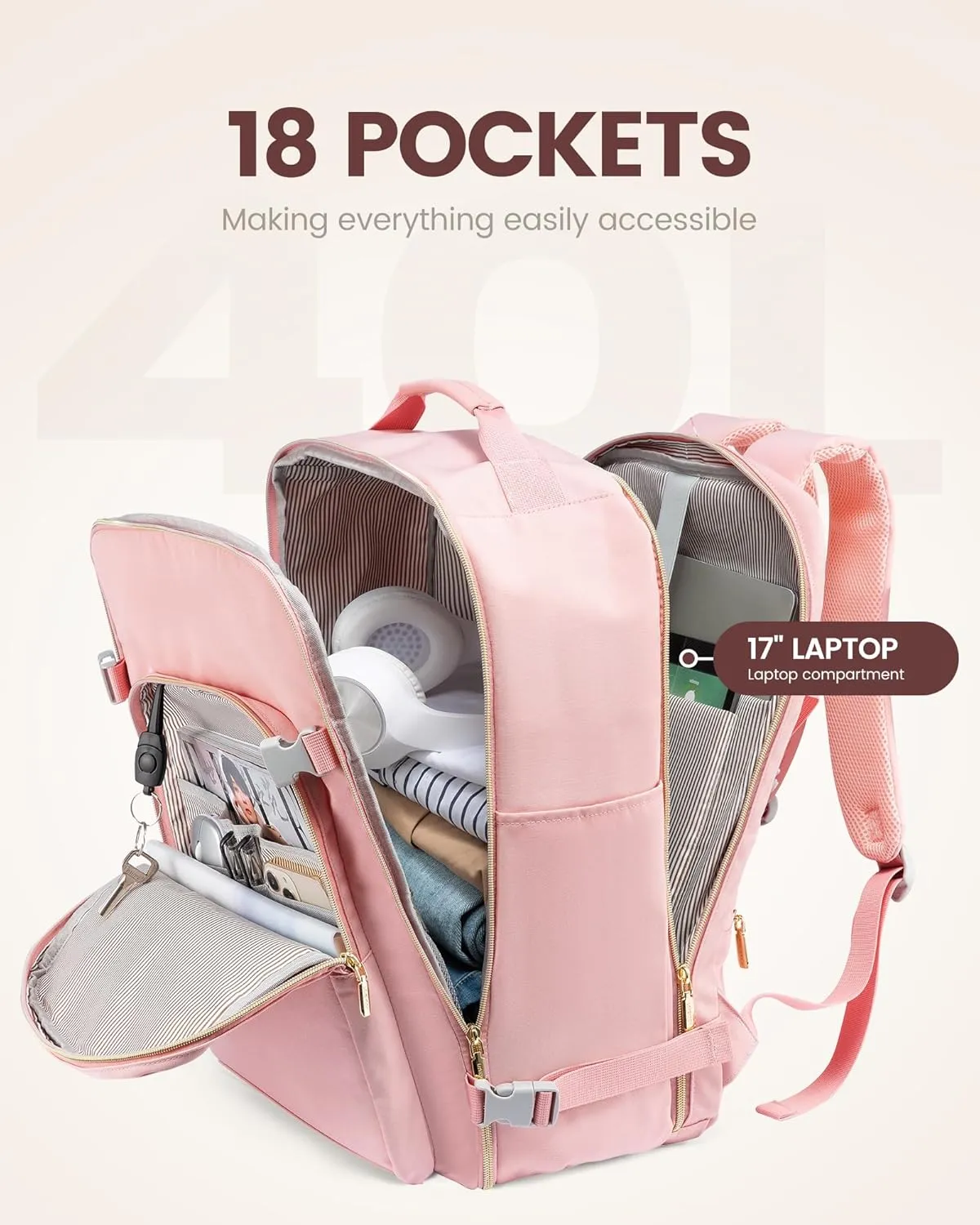 LOVEVOOK Travel Backpack Women as Personal Item Flight Approved, 17.3inch Laptop Backpack with 3 Packing Cubes College Casual Carry On Daypack for Weekender Overnight Hiking, Pink-Pink