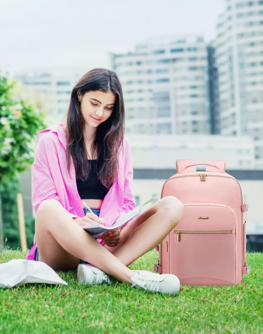 LOVEVOOK Travel Backpack Women as Personal Item Flight Approved, 17.3inch Laptop Backpack with 3 Packing Cubes College Casual Carry On Daypack for Weekender Overnight Hiking, Pink-Pink