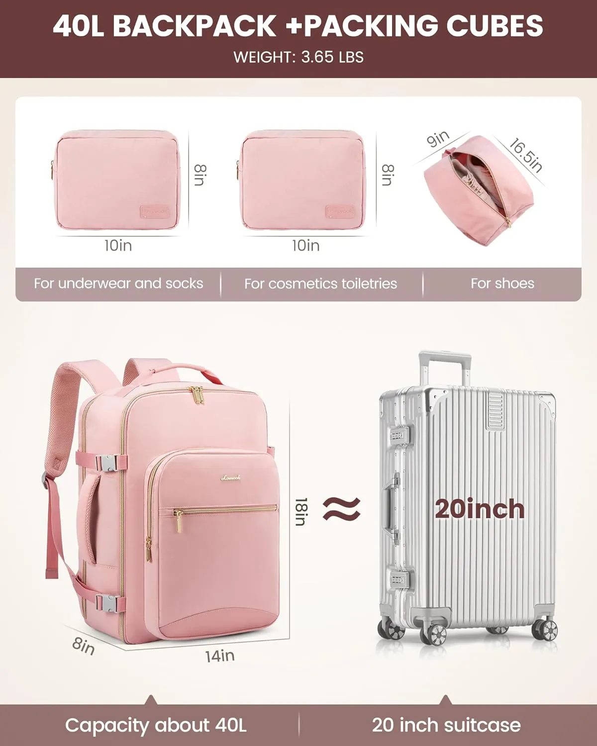 LOVEVOOK Travel Backpack Women as Personal Item Flight Approved, 17.3inch Laptop Backpack with 3 Packing Cubes College Casual Carry On Daypack for Weekender Overnight Hiking, Pink-Pink