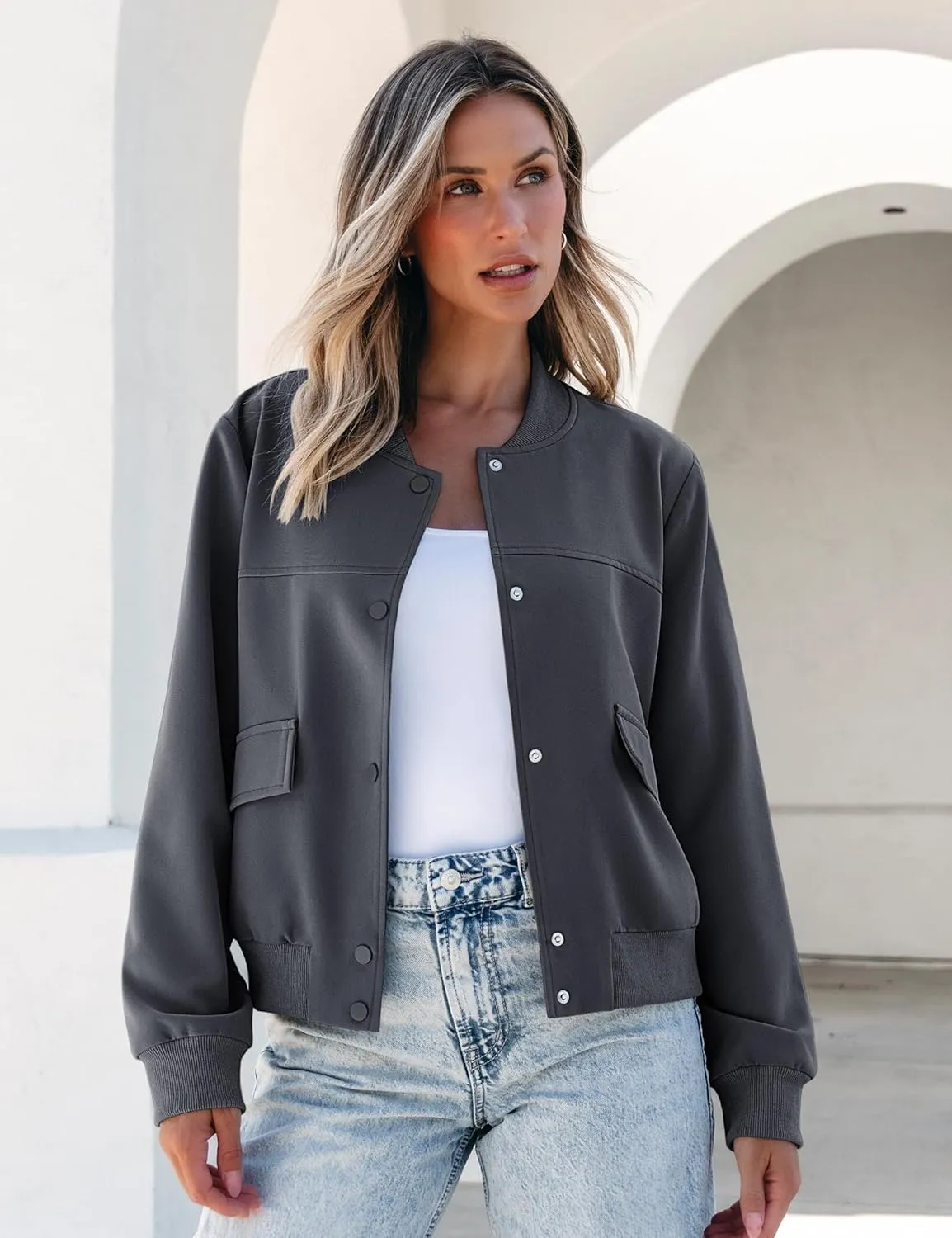 luvamia Bomber Jackets for Women Fall Casual Button Down Long Sleeves Trendy Varsity Jacket Outerwear Coat with Pockets