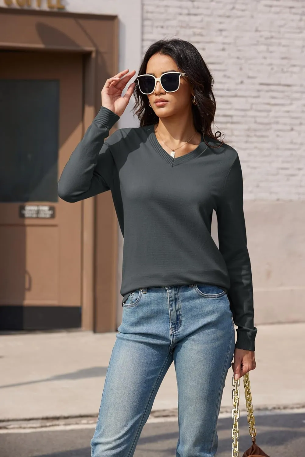 MAGCOMSEN Women's V Neck Sweater 2025 Spring Casual Long Sleeve Tops Knit Lightweight Pullover Sweaters Jumper