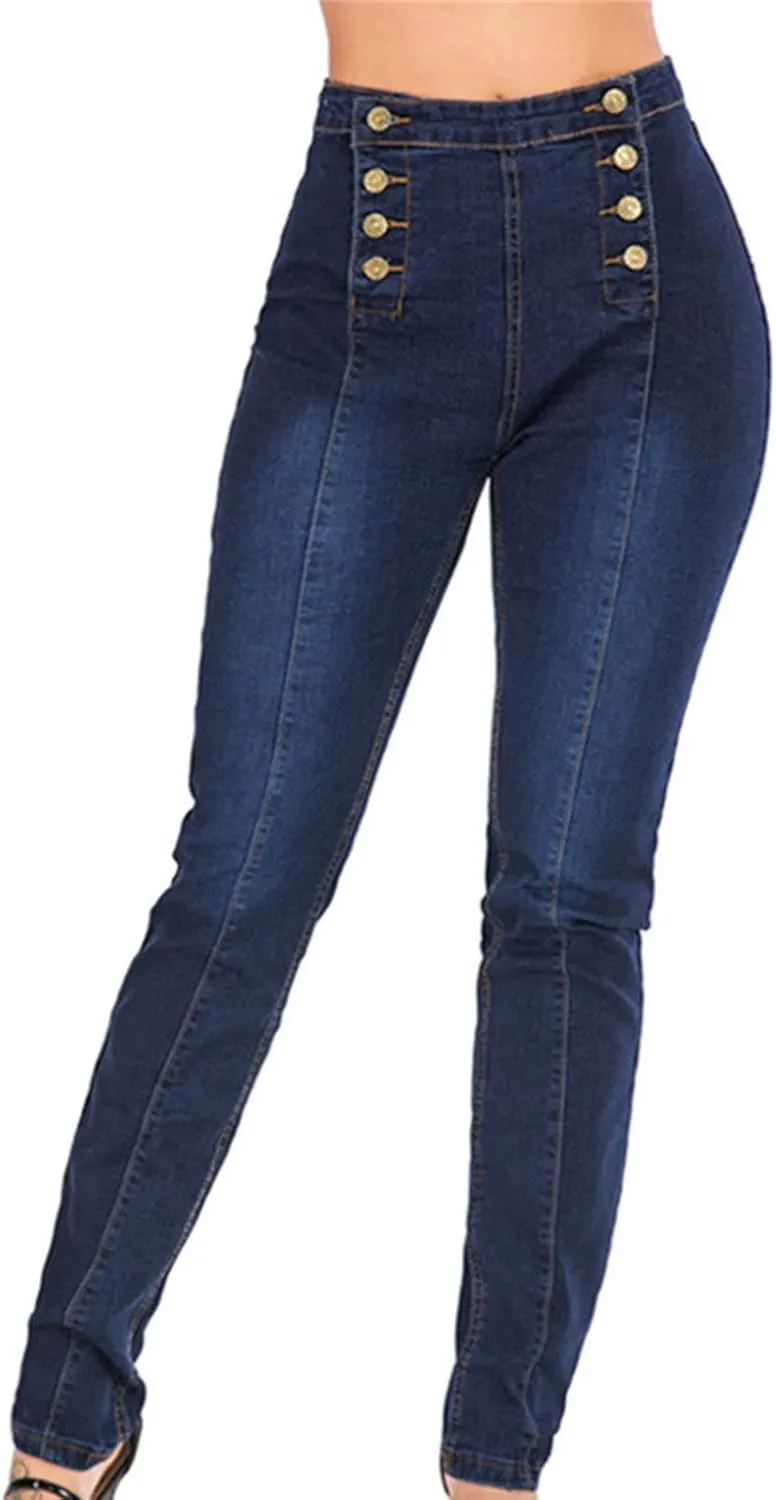 Maiyifu-GJ Women's Double Breasted High Waist Jeans Stretch Butt Lifting Button Down Denim Pants Retro Skinny Jean Trousers