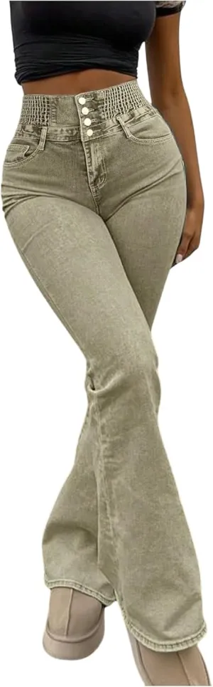 MakeMeChic Women's High Waisted Flare Jeans Y2K Denim Pants Bell Bottom Shirred Skinny Trousers with Pocket