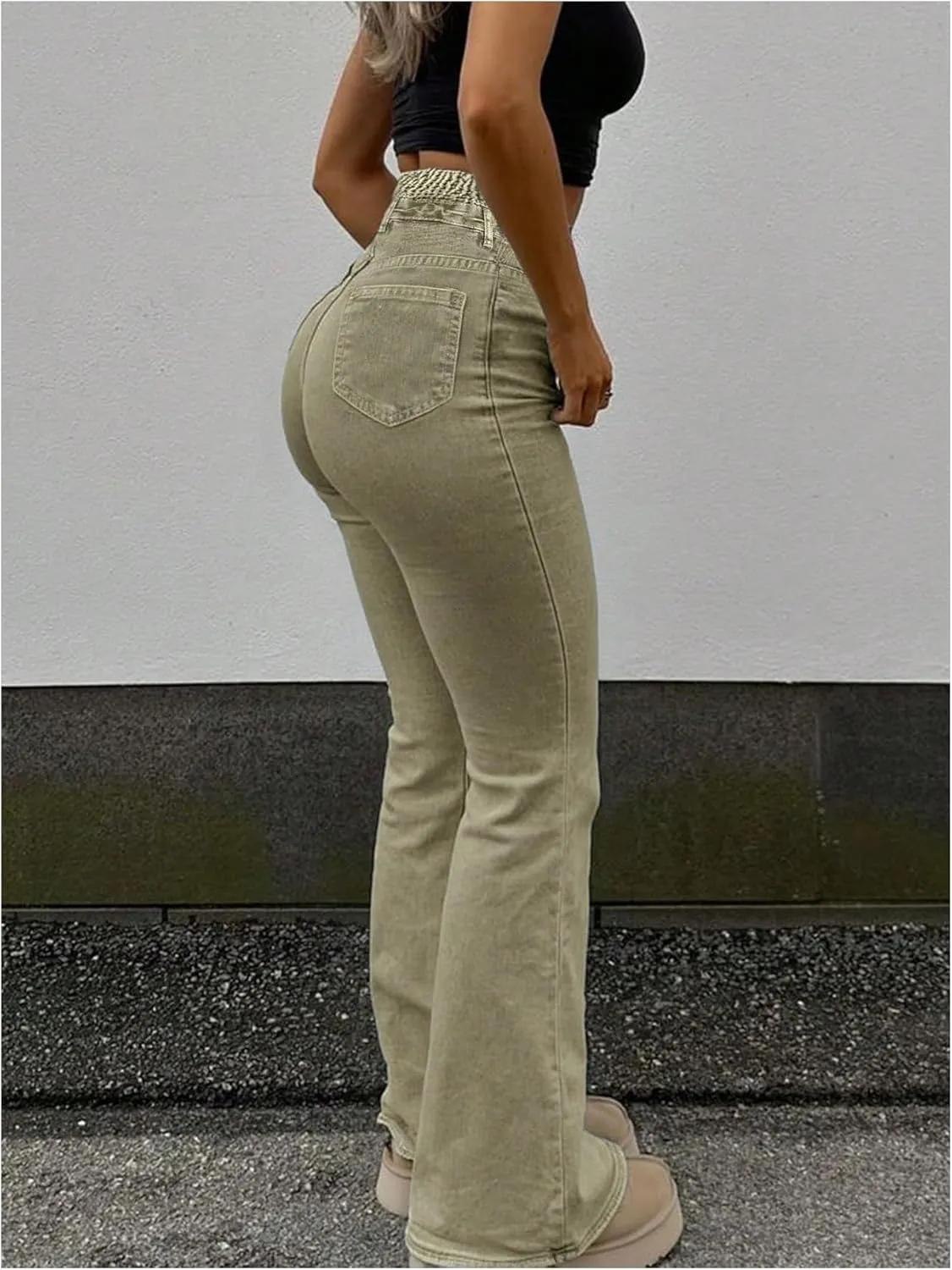 MakeMeChic Women's High Waisted Flare Jeans Y2K Denim Pants Bell Bottom Shirred Skinny Trousers with Pocket