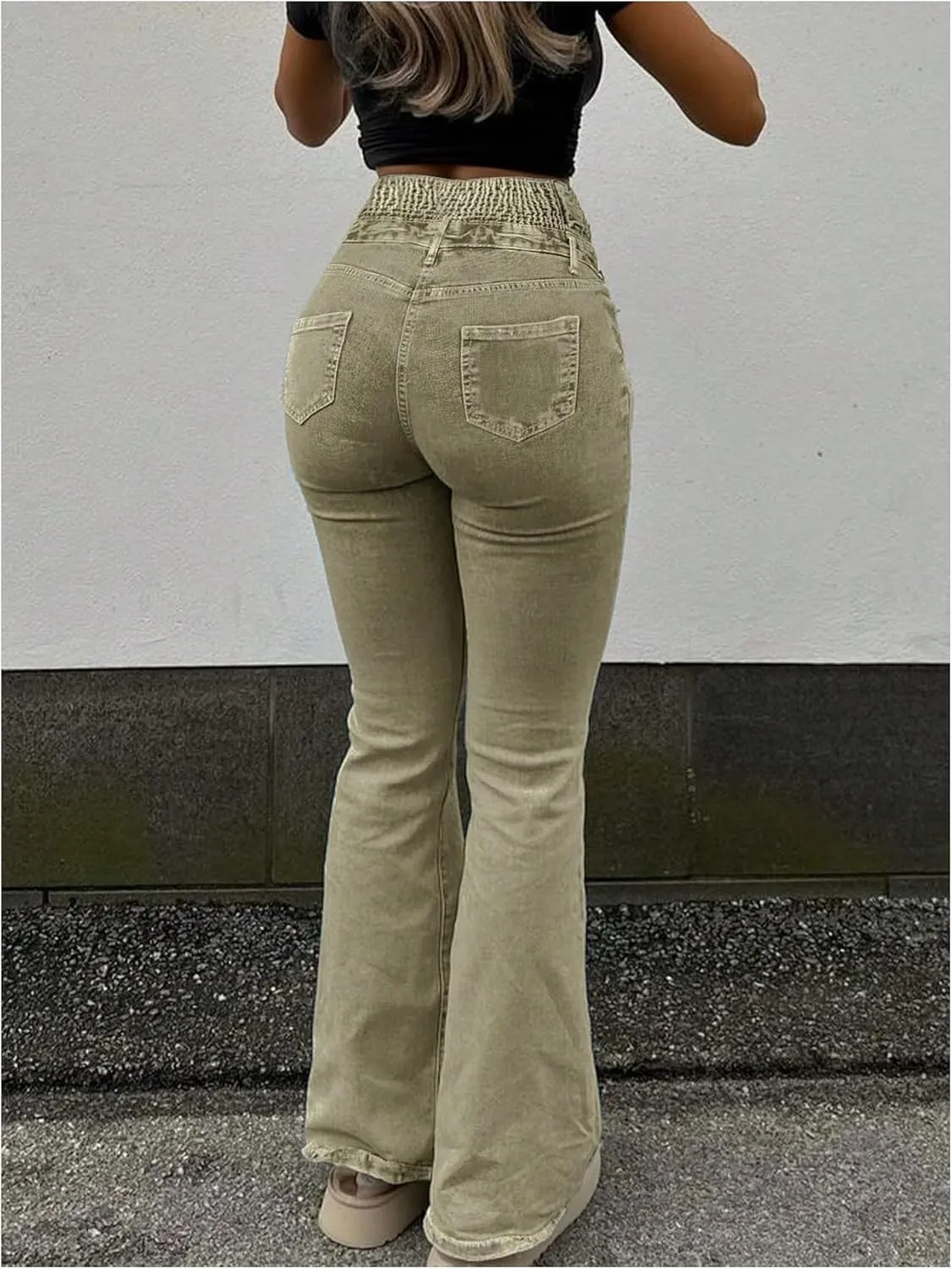 MakeMeChic Women's High Waisted Flare Jeans Y2K Denim Pants Bell Bottom Shirred Skinny Trousers with Pocket