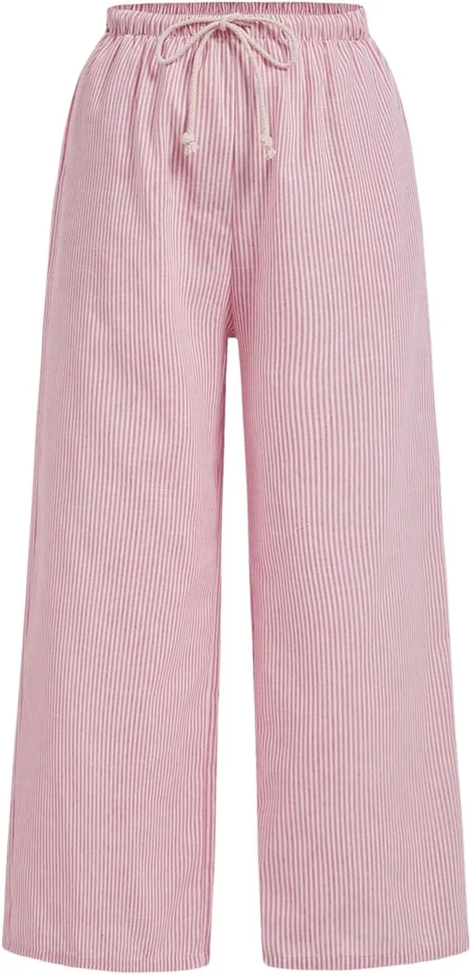 MakeMeChic Women's Plus Size Striped Pants Drawstring Waist Straight Leg Trousers Lounge Pants