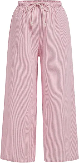 MakeMeChic Women's Plus Size Striped Pants Drawstring Waist Straight Leg Trousers Lounge Pants