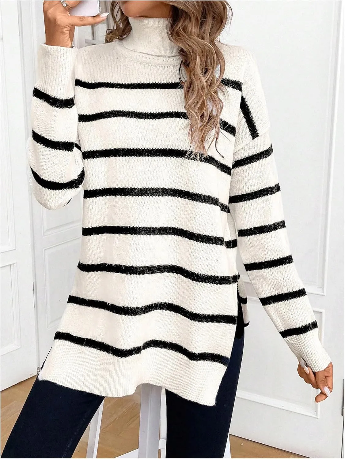 MakeMeChic Women's Striped Sweaters Colorblock Turtleneck Split Hem Long Sleeve Drop Shoulder Pullovers Sweater
