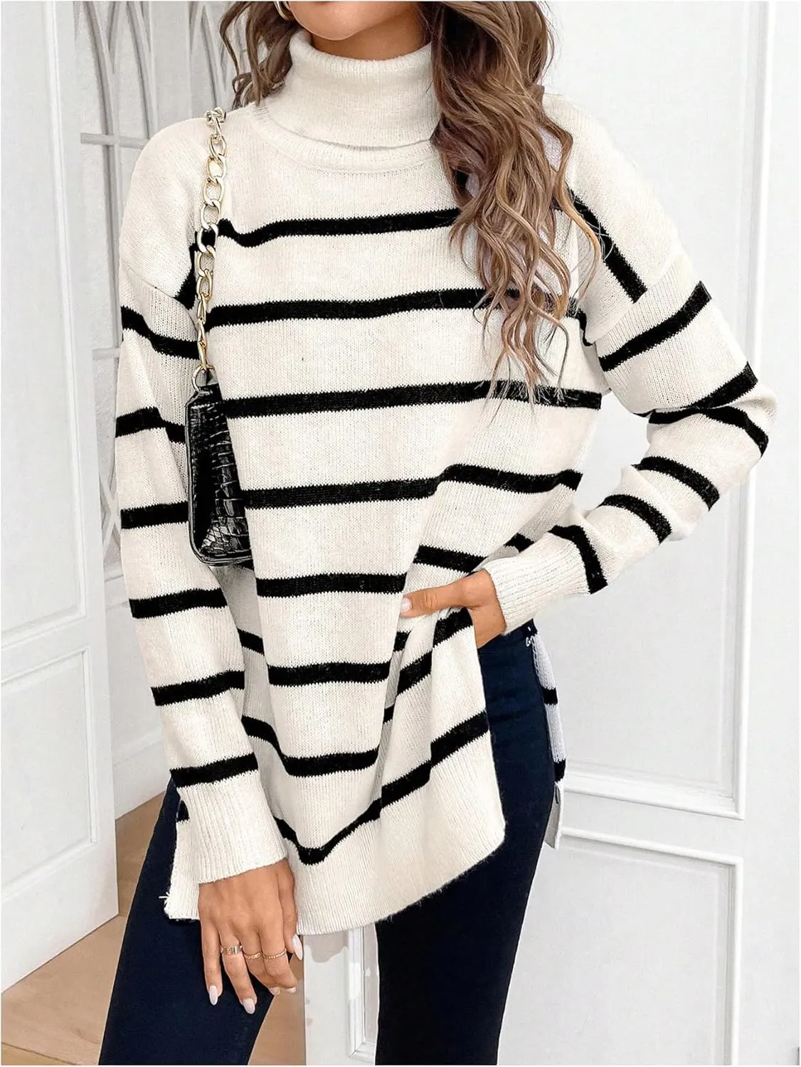 MakeMeChic Women's Striped Sweaters Colorblock Turtleneck Split Hem Long Sleeve Drop Shoulder Pullovers Sweater