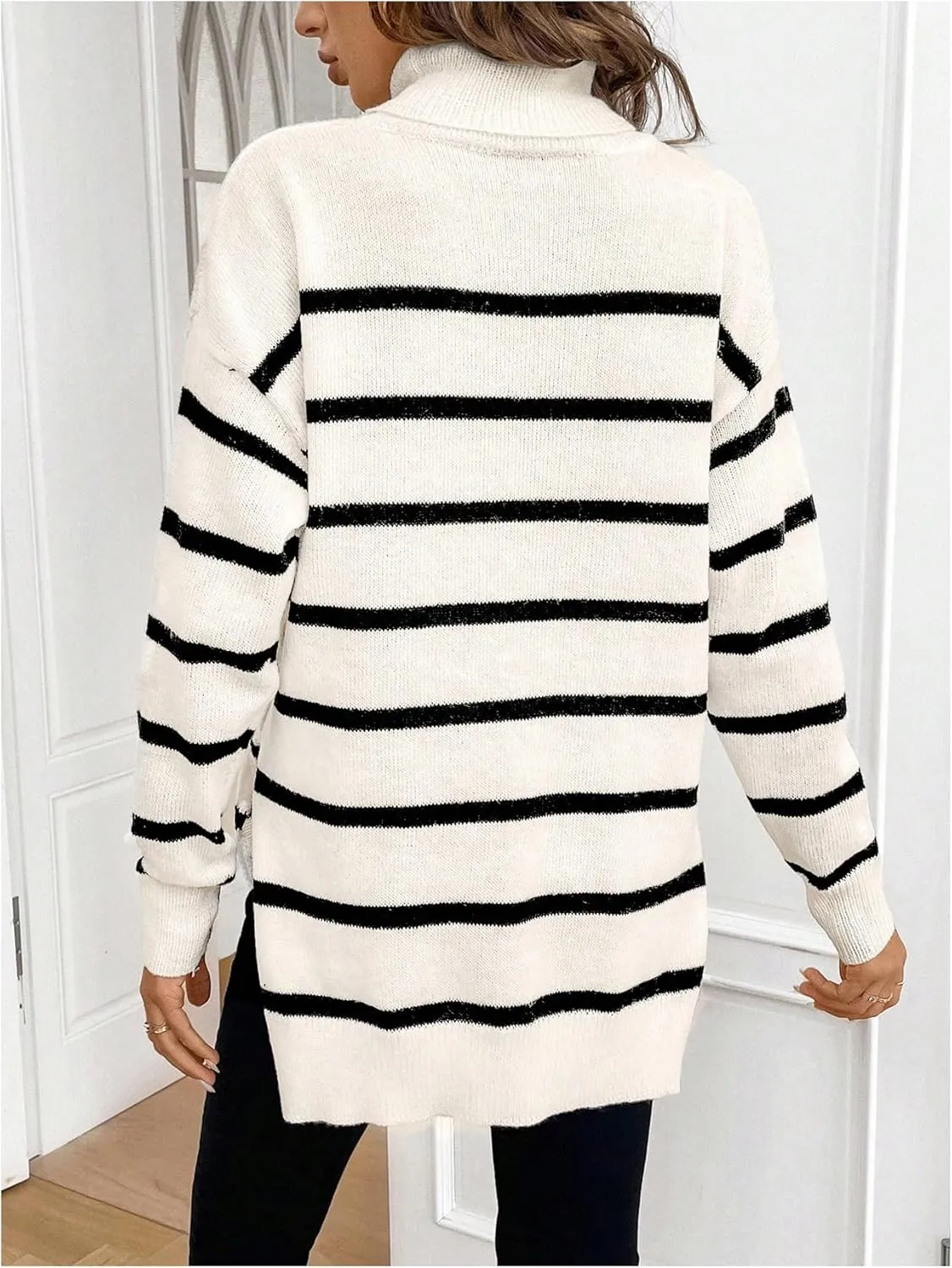 MakeMeChic Women's Striped Sweaters Colorblock Turtleneck Split Hem Long Sleeve Drop Shoulder Pullovers Sweater