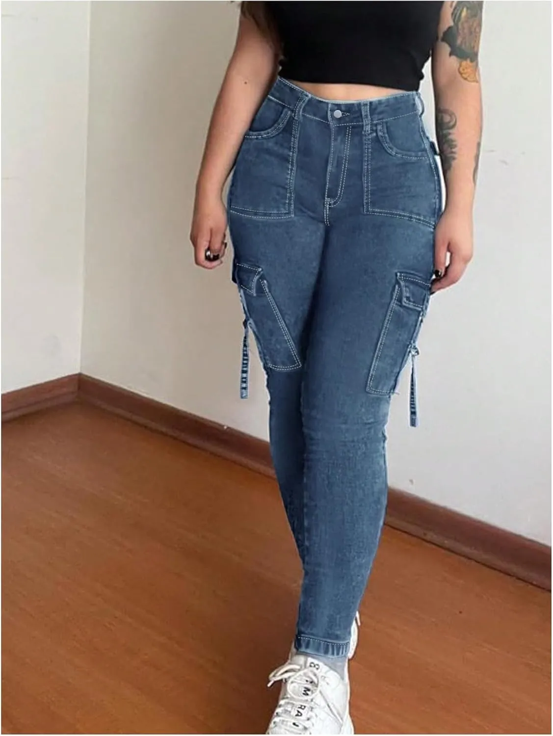 MakeMeChic Women's Zipper Fly Cargo Jeans Skinny Y2K Denim Pants Teousers with Pockets