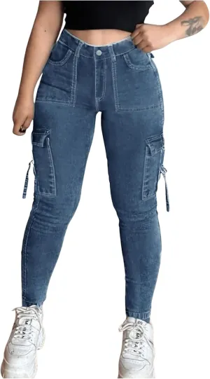 MakeMeChic Women's Zipper Fly Cargo Jeans Skinny Y2K Denim Pants Teousers with Pockets