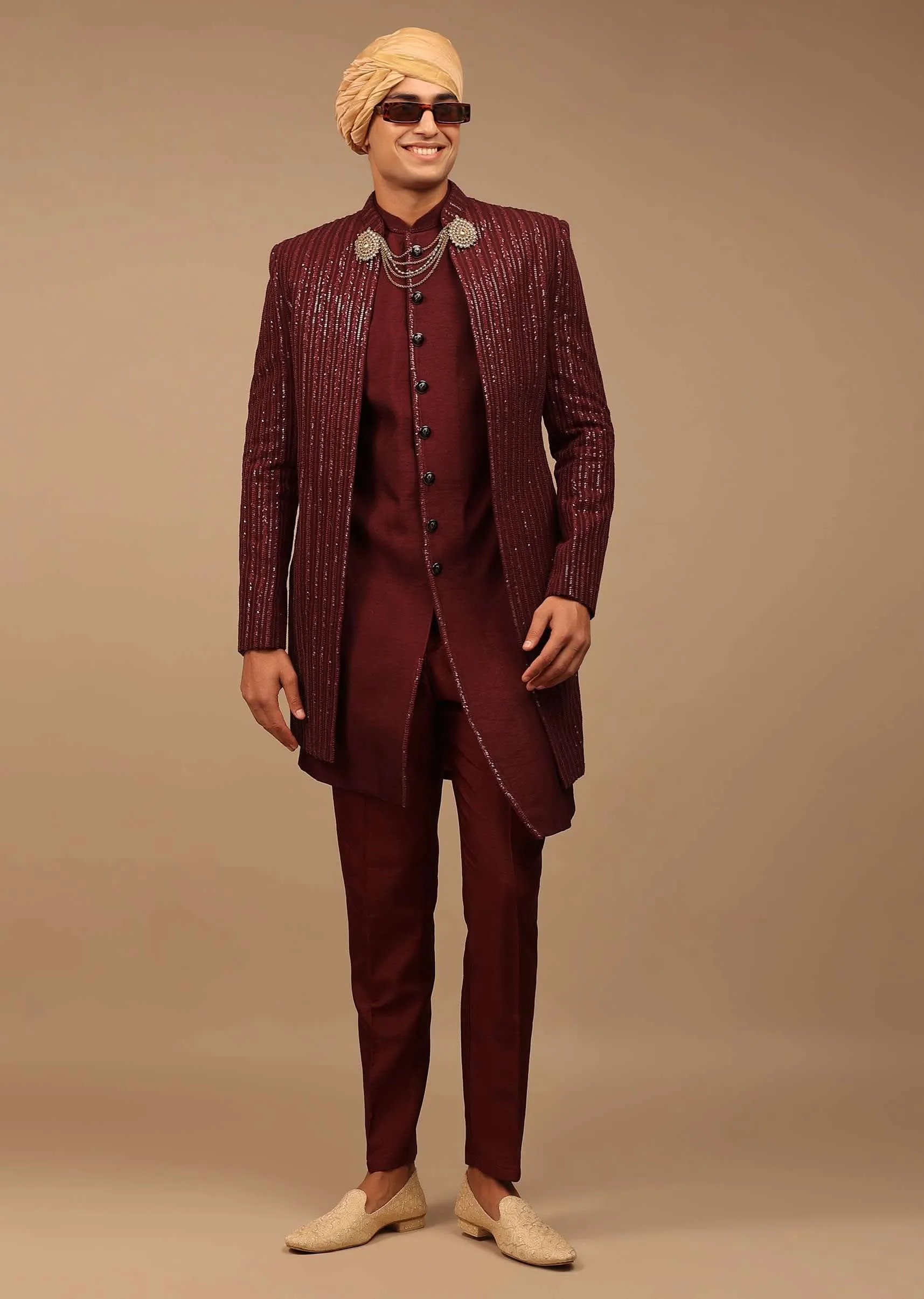 Maroon Sherwani With Thread And Sequins Work