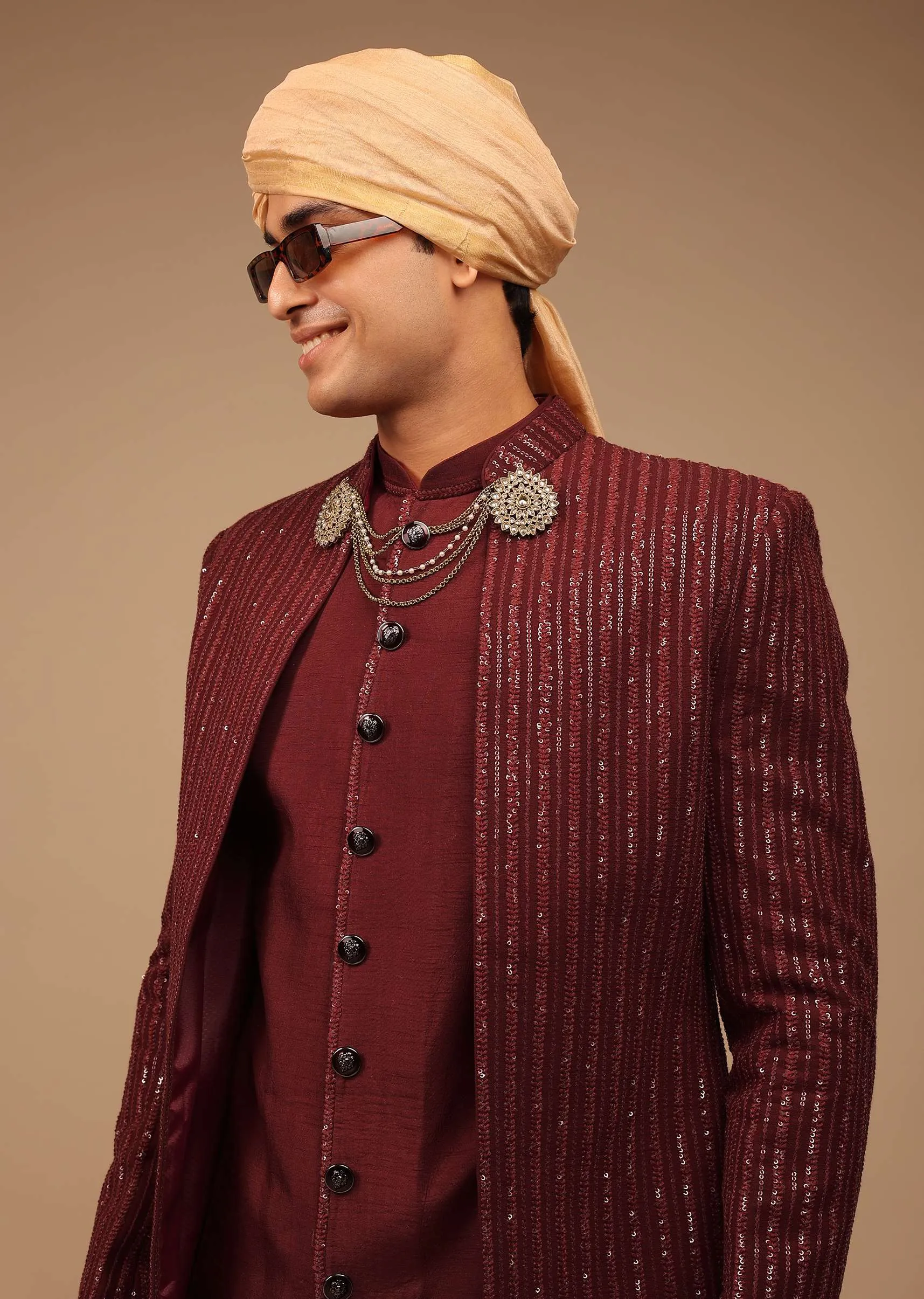 Maroon Sherwani With Thread And Sequins Work