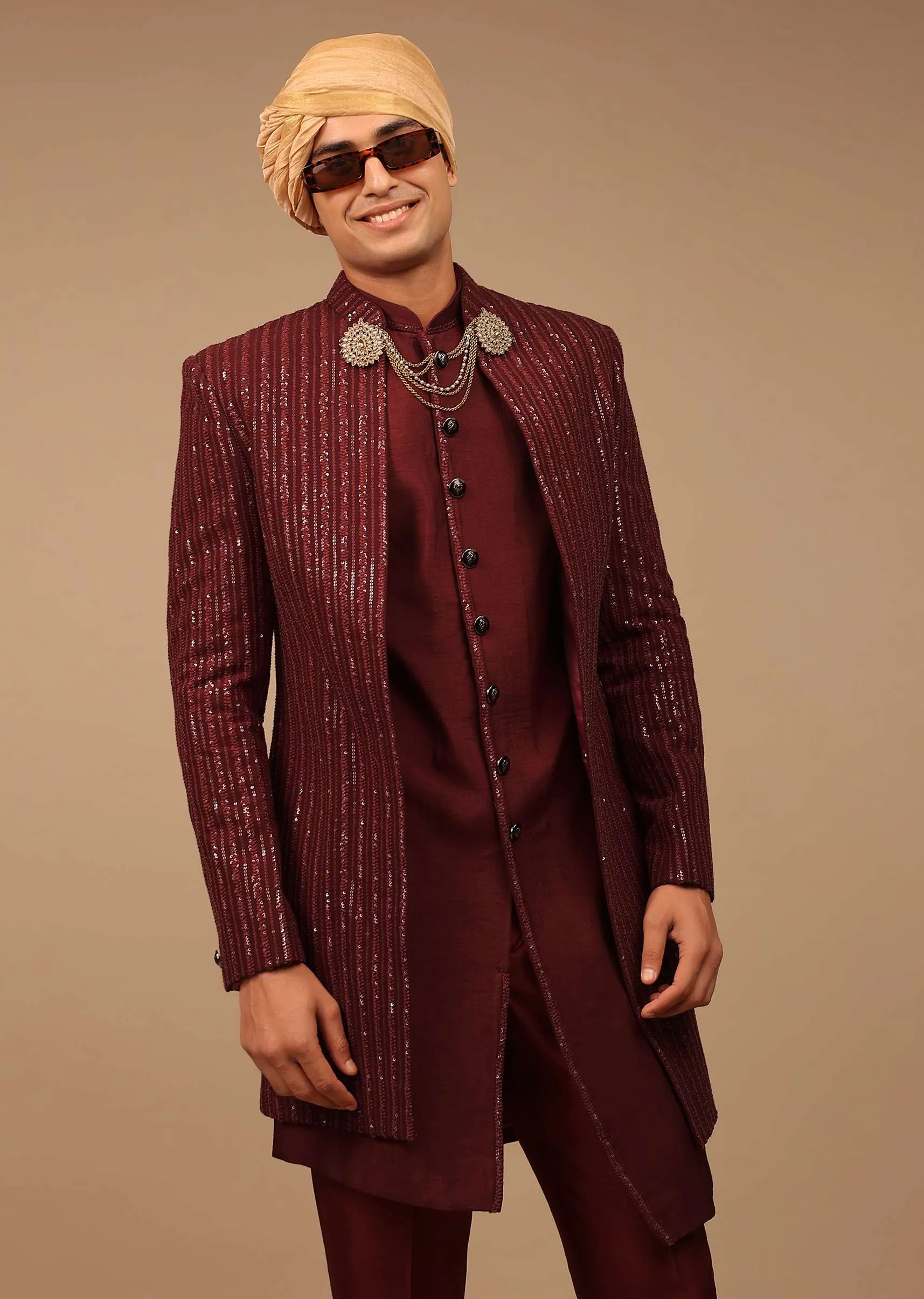 Maroon Sherwani With Thread And Sequins Work