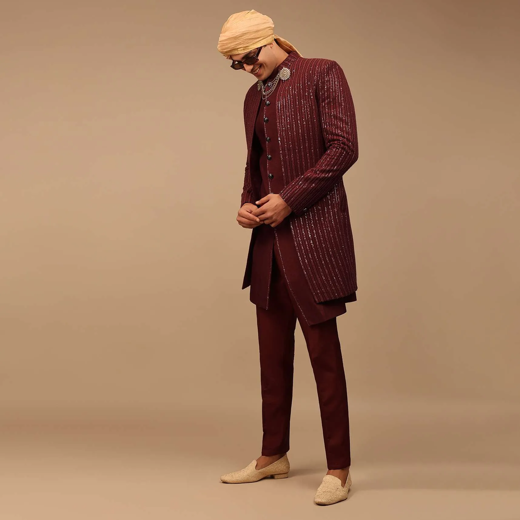Maroon Sherwani With Thread And Sequins Work