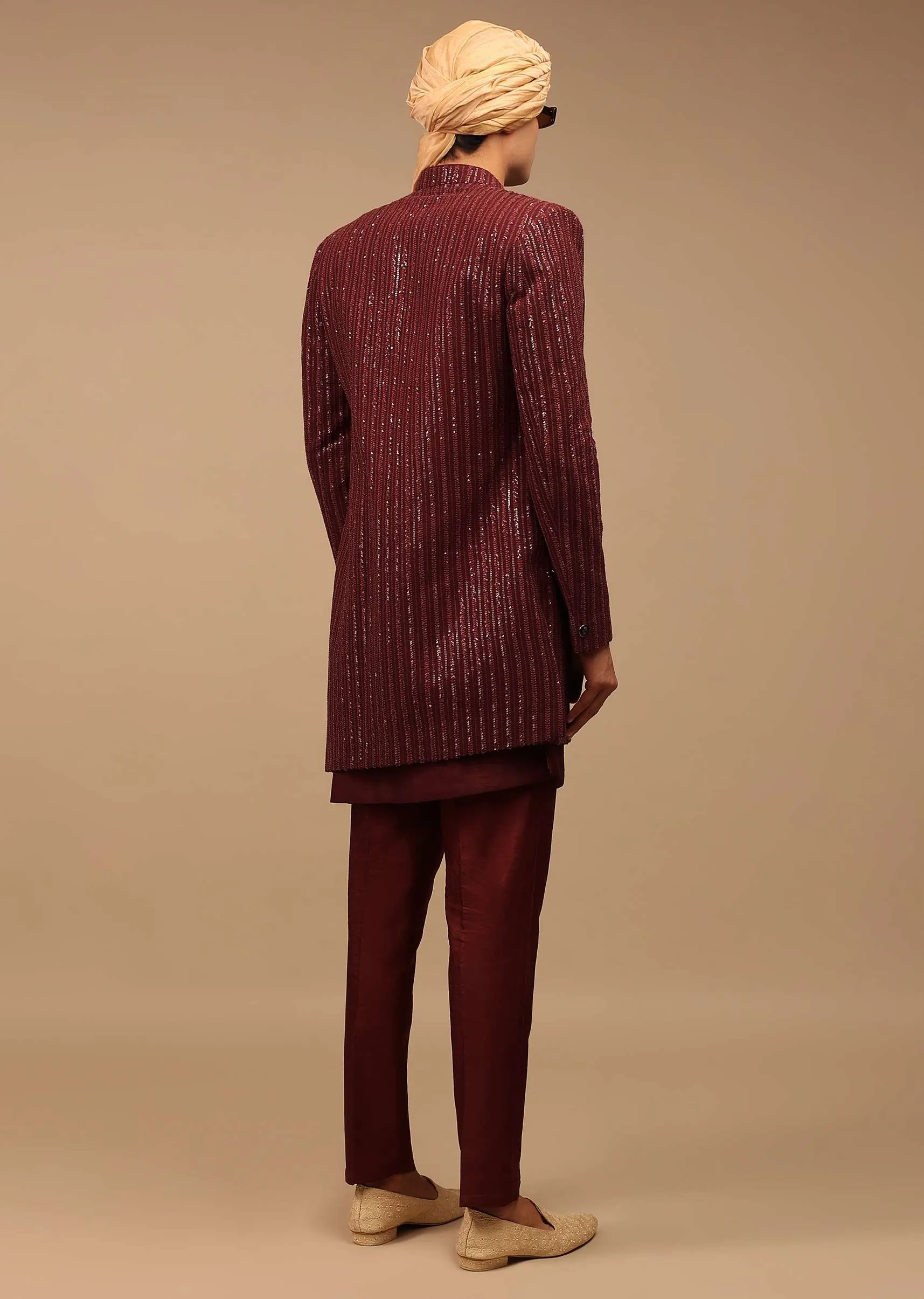Maroon Sherwani With Thread And Sequins Work