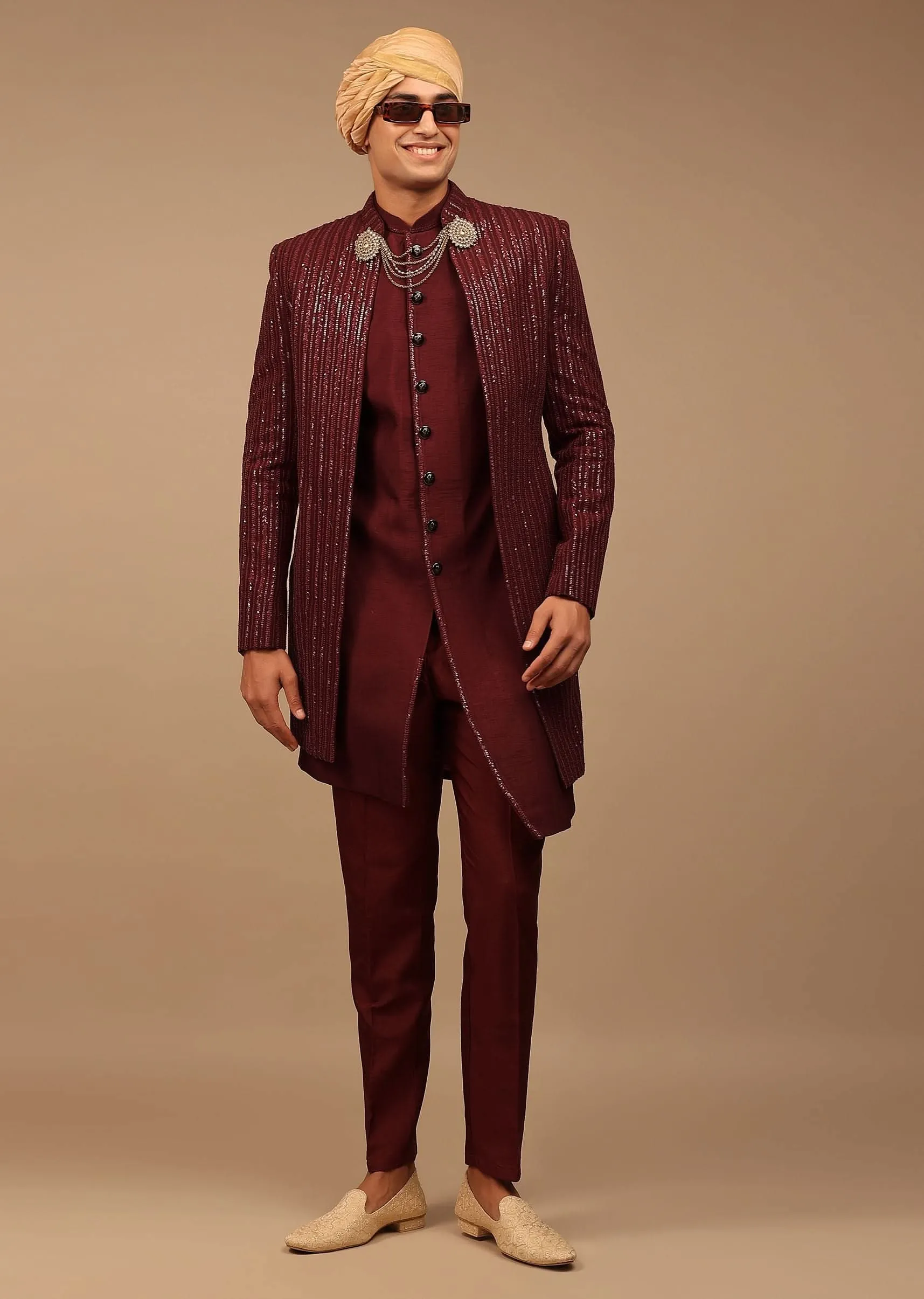 Maroon Sherwani With Thread And Sequins Work