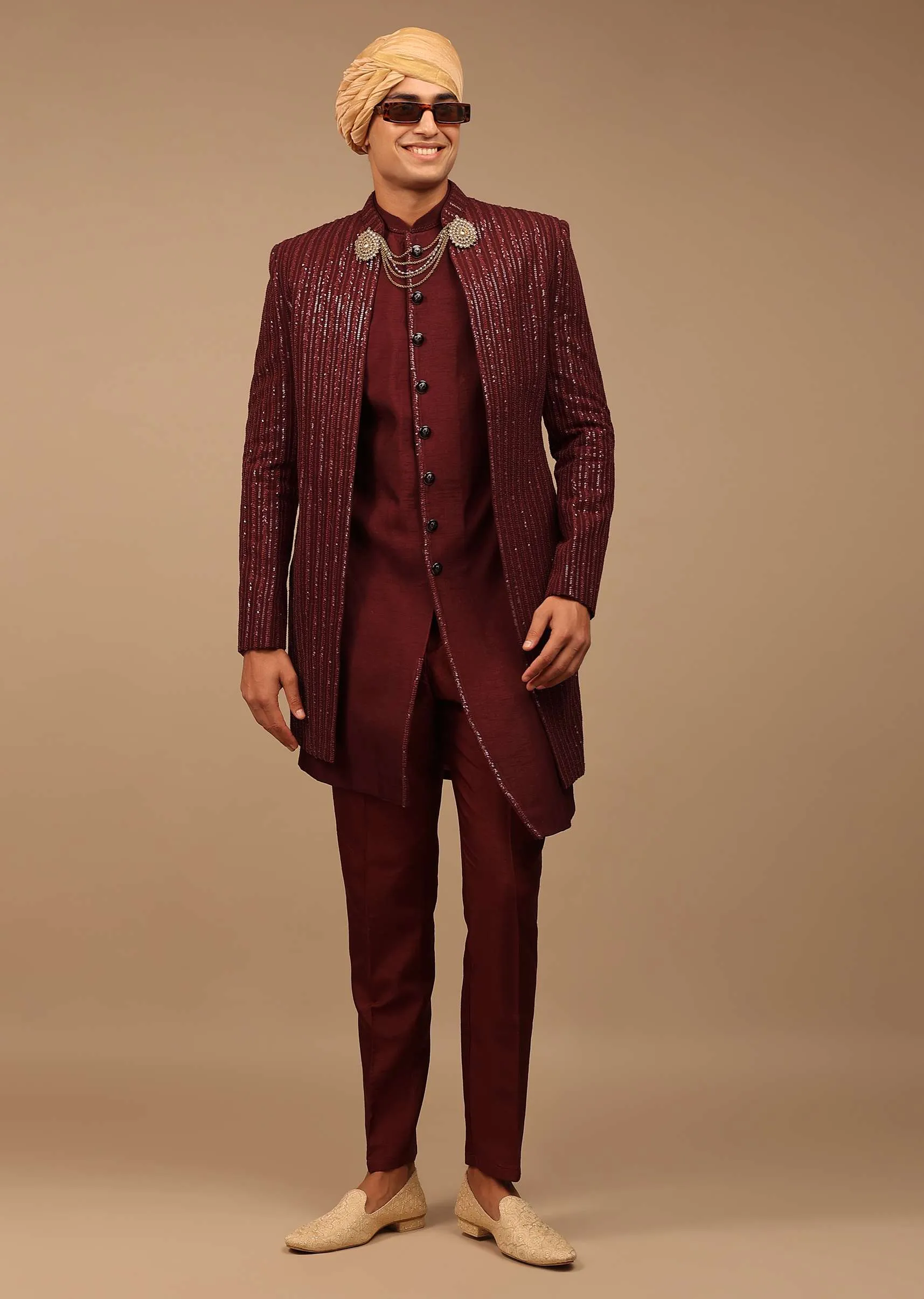 Maroon Sherwani With Thread And Sequins Work