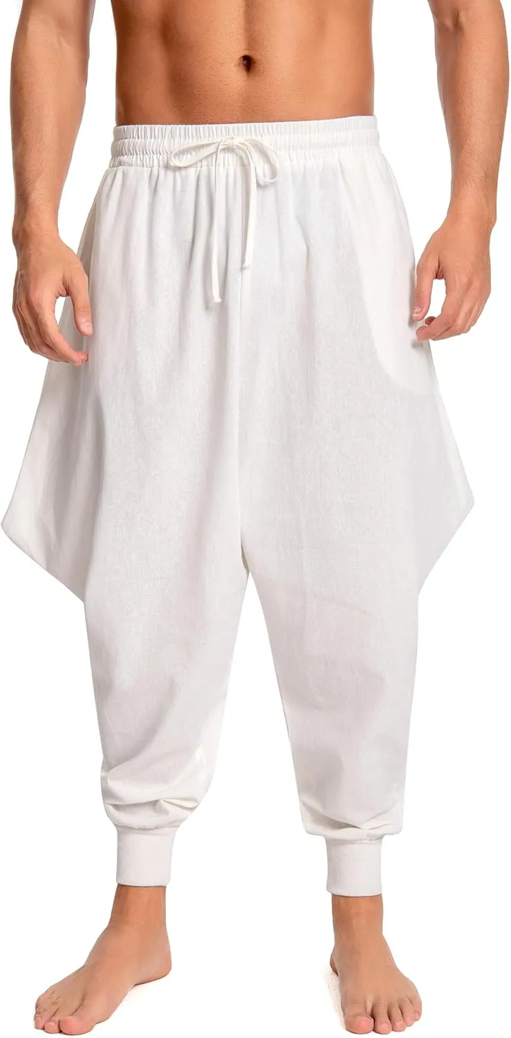 Men's Aladdin Hippie Harem Pants Loose Cotton Linen Drop Crotch Trousers Casual Baggy Elastic Waist Yoga Pants