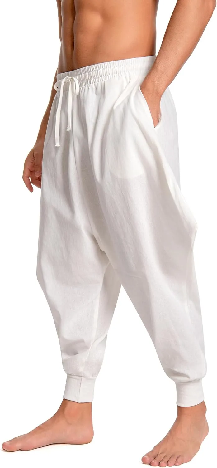 Men's Aladdin Hippie Harem Pants Loose Cotton Linen Drop Crotch Trousers Casual Baggy Elastic Waist Yoga Pants