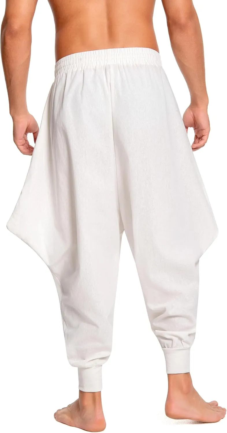 Men's Aladdin Hippie Harem Pants Loose Cotton Linen Drop Crotch Trousers Casual Baggy Elastic Waist Yoga Pants