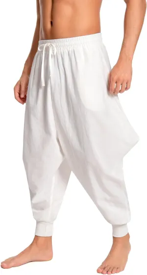 Men's Aladdin Hippie Harem Pants Loose Cotton Linen Drop Crotch Trousers Casual Baggy Elastic Waist Yoga Pants