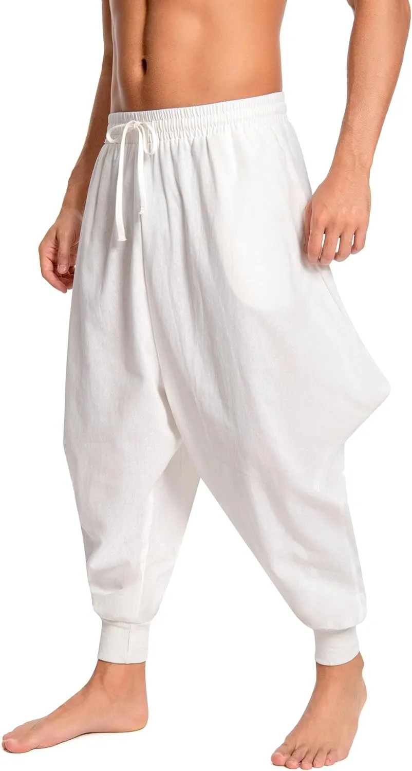 Men's Aladdin Hippie Harem Pants Loose Cotton Linen Drop Crotch Trousers Casual Baggy Elastic Waist Yoga Pants