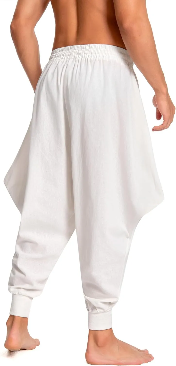 Men's Aladdin Hippie Harem Pants Loose Cotton Linen Drop Crotch Trousers Casual Baggy Elastic Waist Yoga Pants