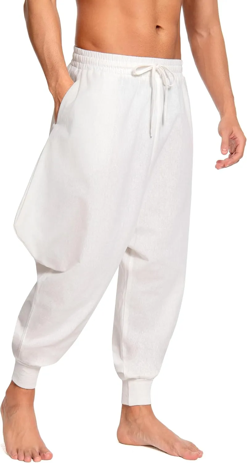Men's Aladdin Hippie Harem Pants Loose Cotton Linen Drop Crotch Trousers Casual Baggy Elastic Waist Yoga Pants