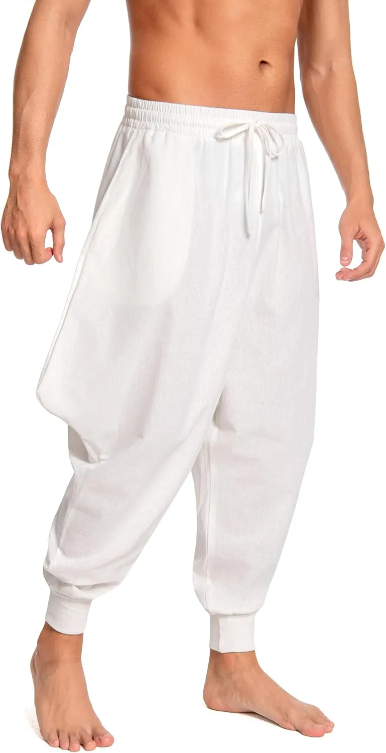 Men's Aladdin Hippie Harem Pants Loose Cotton Linen Drop Crotch Trousers Casual Baggy Elastic Waist Yoga Pants
