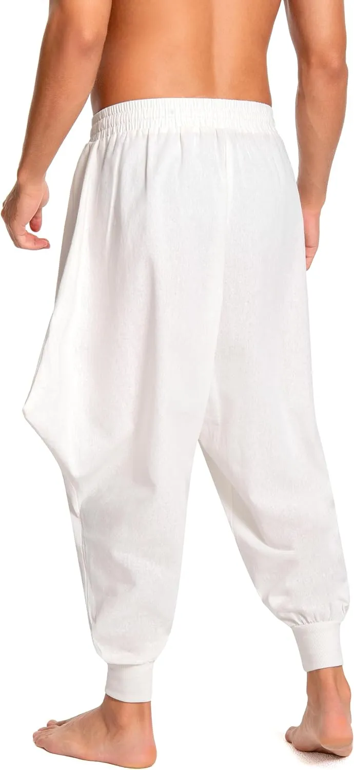 Men's Aladdin Hippie Harem Pants Loose Cotton Linen Drop Crotch Trousers Casual Baggy Elastic Waist Yoga Pants