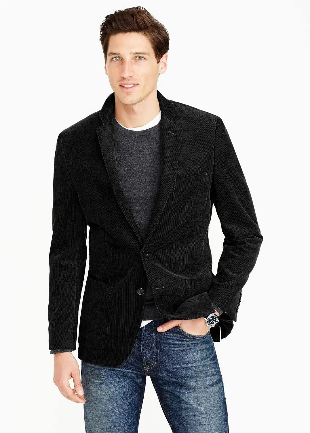 Men's Casual Slim Fit Corduroy Jacket Lightweight Two Button Blazer Sport Coat Black
