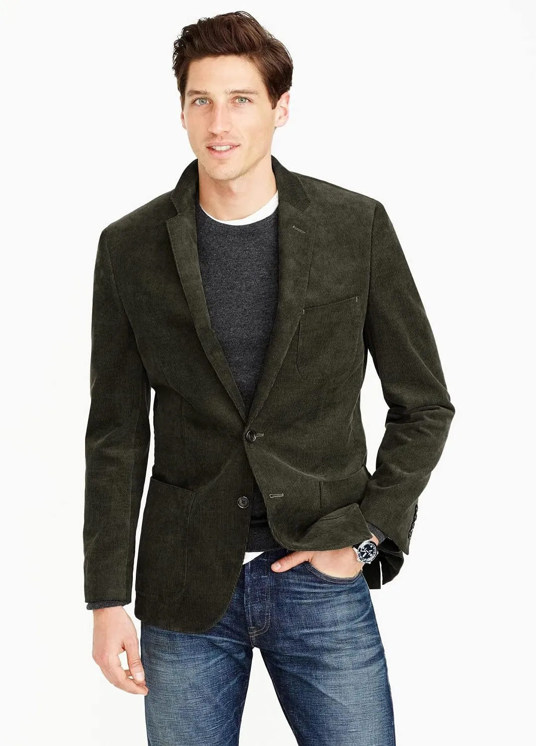 Men's Casual Slim Fit Corduroy Jacket Lightweight Two Button Blazer Sport Coat Green