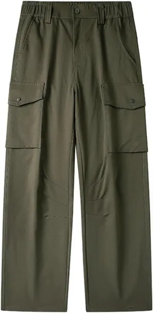 Men's Spring Autumn Straight Cargo Pants Multi-Pockets Elastic Waist Workwear Loose Casual Pants Solid Trousers