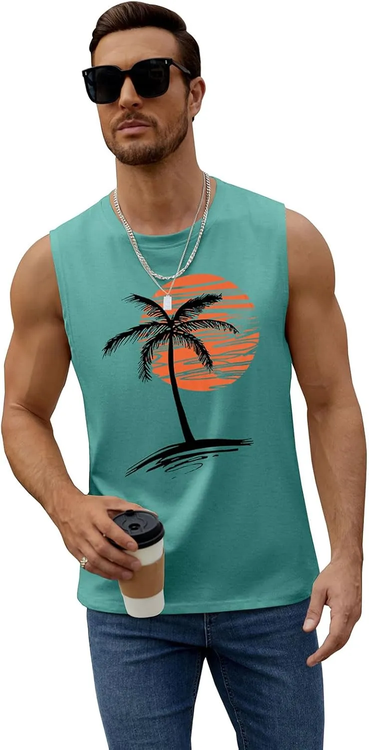 Mens Summer Beach Tank Top Tropical Hawaiian Palm Tree Print Sleeveless Shirts Muscle Tee Vacation Shirts